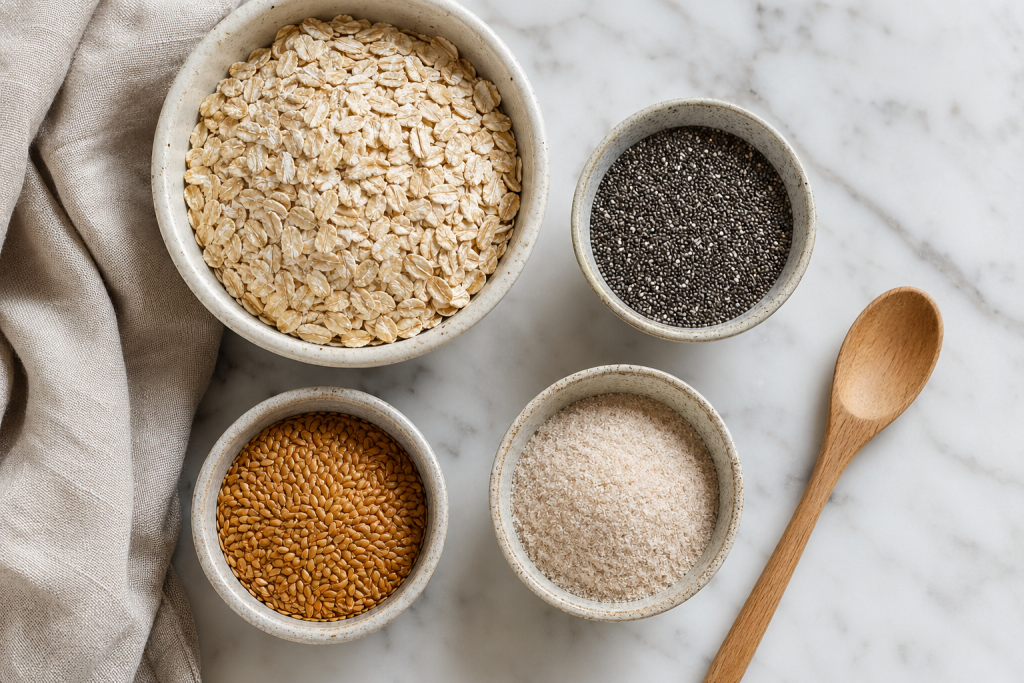 Small ceramic bowls of rolled oats, chia seeds, golden flax seeds, and psyllium husk powder on a marble surface