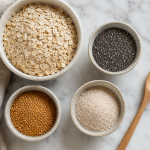 Small ceramic bowls of rolled oats, chia seeds, golden flax seeds, and psyllium husk powder on a marble surface