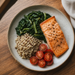 Balanced post-meal plate with grilled salmon, sauteed leafy greens, quinoa, and cherry tomatoes
