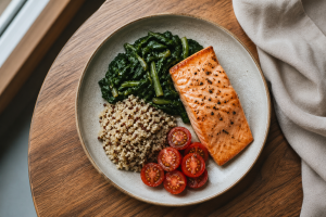 Balanced post-meal plate with grilled salmon, sauteed leafy greens, quinoa, and cherry tomatoes