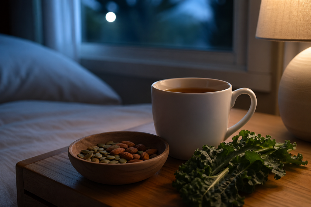 Calm bedside scene at dusk with a warm mug of tea, a small bowl of pumpkin seeds and almonds, and a sprig of dark leafy greens