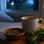 Calm bedside scene at dusk with a warm mug of tea, a small bowl of pumpkin seeds and almonds, and a sprig of dark leafy greens