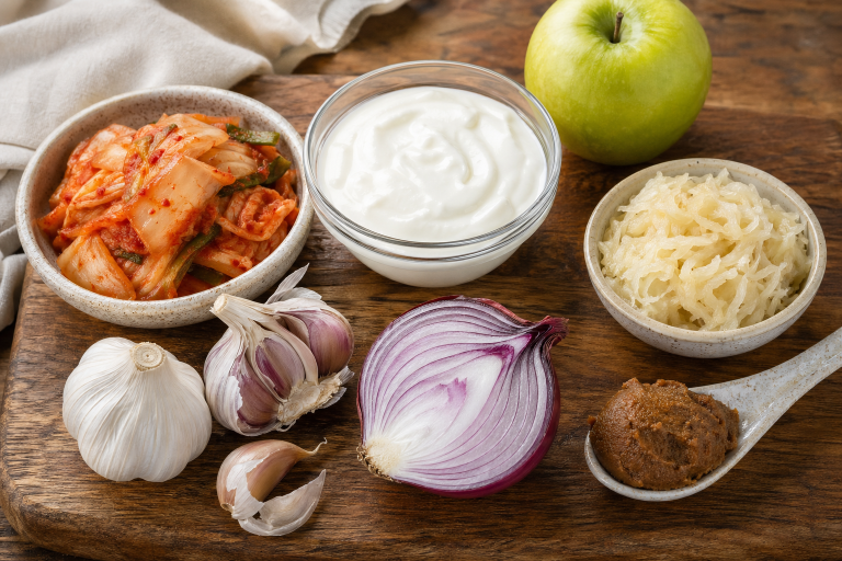 Wooden cutting board with fermented foods including yogurt, kimchi, sauerkraut, and miso alongside fresh garlic, red onion, and a green apple