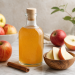 Glass bottle of apple cider vinegar with apple slices and cinnamon on a marble surface