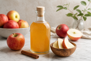 Glass bottle of apple cider vinegar with apple slices and cinnamon on a marble surface