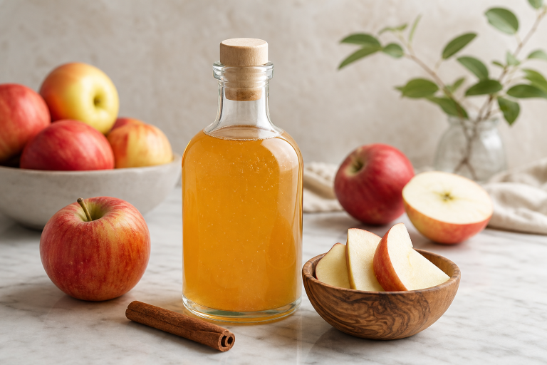 Glass bottle of apple cider vinegar with apple slices and cinnamon on a marble surface