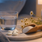 Bedside still life with water glass, magnesium tablets, scoop of white powder, and chamomile on a soft surface