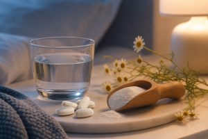 Bedside still life with water glass, magnesium tablets, scoop of white powder, and chamomile on a soft surface