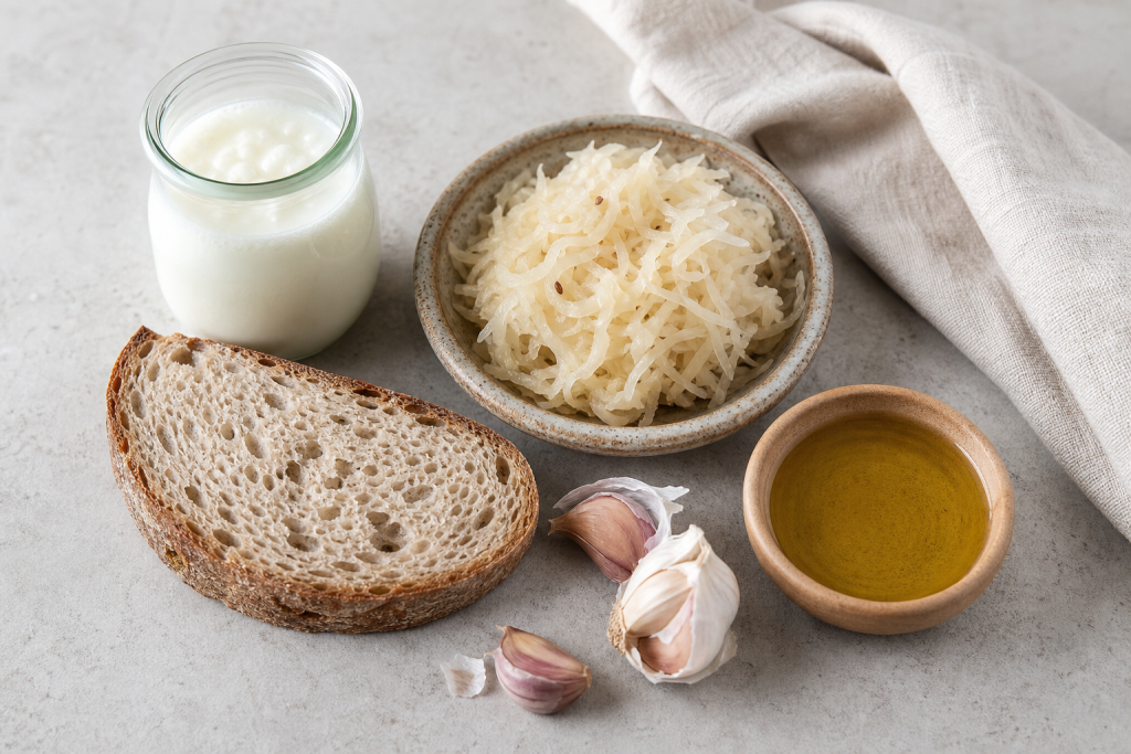 Overhead still life of kefir in a glass jar, sauerkraut, sourdough bread, garlic cloves, and olive oil on a light stone surface
