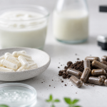 Flat lay comparing probiotic capsules and darker spore-style capsules with yogurt and kefir softly blurred in the background
