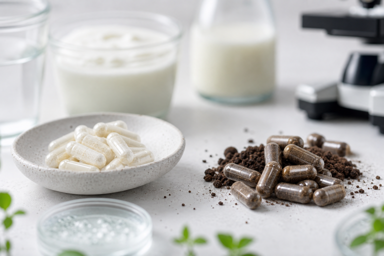 Flat lay comparing probiotic capsules and darker spore-style capsules with yogurt and kefir softly blurred in the background