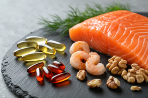 Fish oil and krill oil softgels beside fresh salmon, shrimp, and walnuts on a slate board