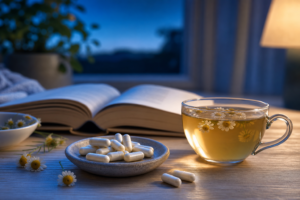 Magnesium L-threonate capsules beside open book and chamomile tea in soft evening light