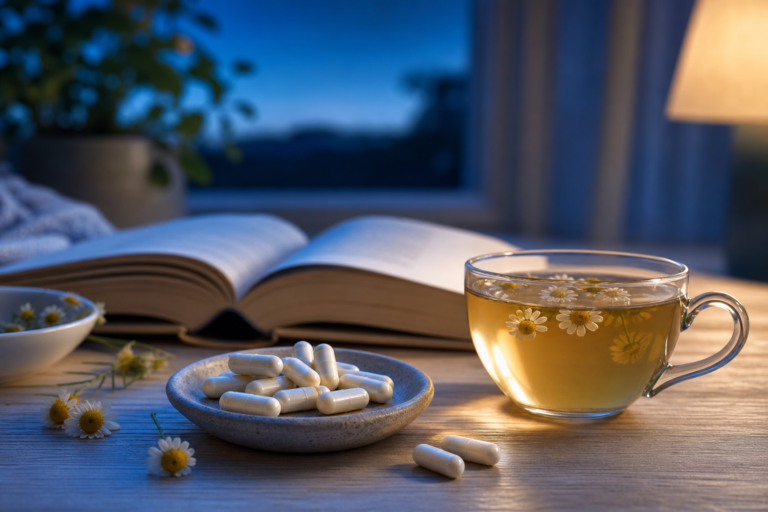 Magnesium L-threonate capsules beside open book and chamomile tea in soft evening light