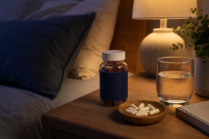 Bedside table at night with melatonin gummies, magnesium capsules in a wooden dish, and a glass of water under warm lamp light