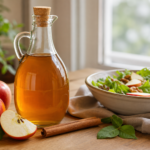Bottle of apple cider vinegar beside fresh apples, cinnamon, and a salad bowl on a wooden table