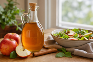 Bottle of apple cider vinegar beside fresh apples, cinnamon, and a salad bowl on a wooden table