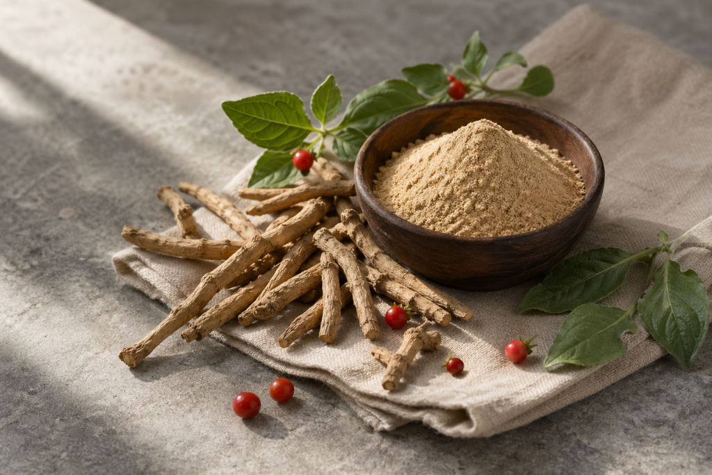 Dried ashwagandha root pieces and a wooden bowl of ashwagandha root powder with green leaves and red berries on a linen cloth