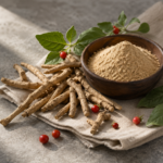 Dried ashwagandha root pieces and a wooden bowl of ashwagandha root powder with green leaves and red berries on a linen cloth