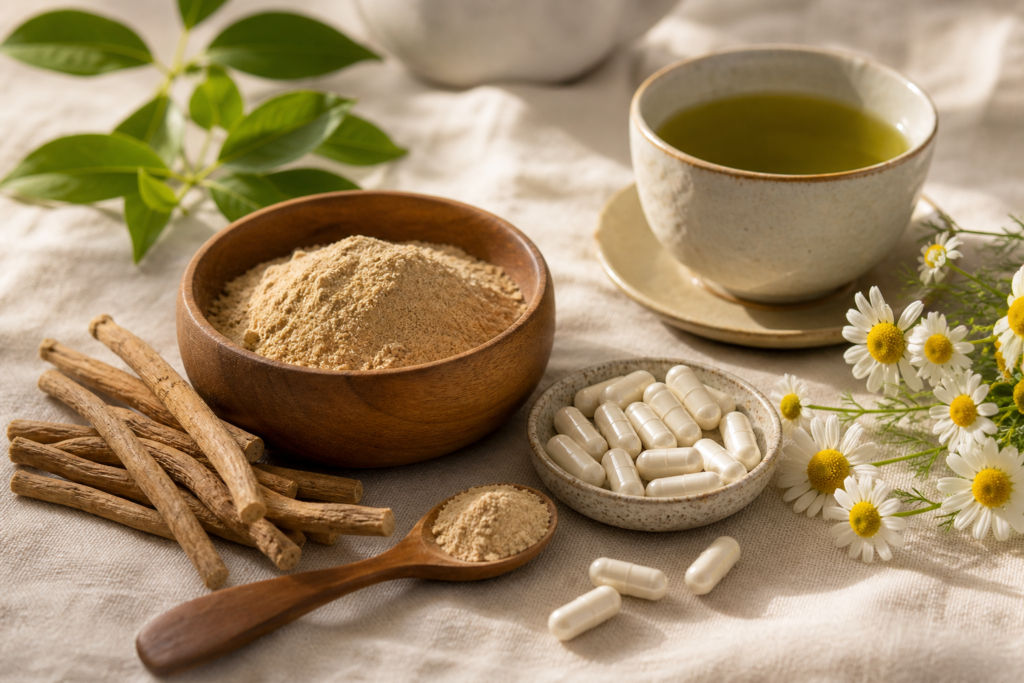 Ashwagandha root powder and L-theanine capsules beside green tea and chamomile on linen in soft morning light