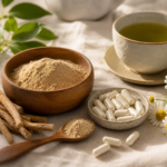 Ashwagandha root powder and L-theanine capsules beside green tea and chamomile on linen in soft morning light