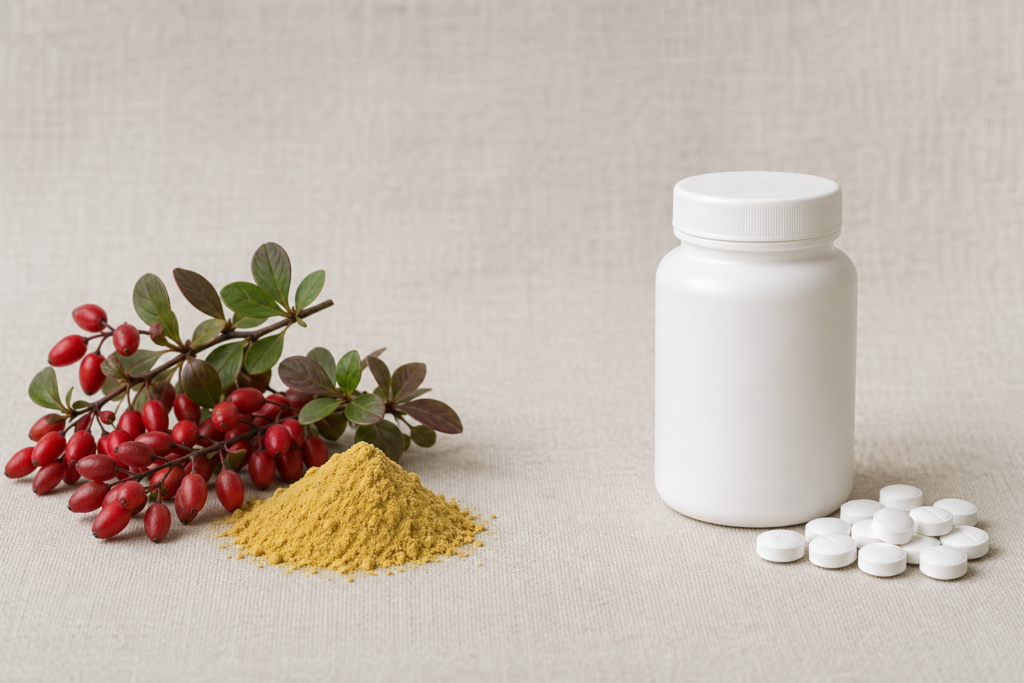 Conceptual still life with a barberry branch and yellow root powder on the left and a plain unlabeled white tablet bottle with white pills on the right