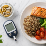 Supplement capsules beside a glucose meter and a balanced meal plate with salmon, quinoa, and vegetables