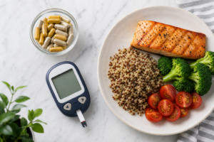 Supplement capsules beside a glucose meter and a balanced meal plate with salmon, quinoa, and vegetables