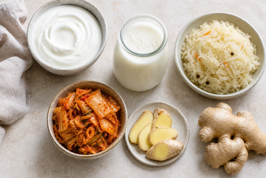 Overhead view of plain yogurt, kefir in a glass jar, sauerkraut, kimchi, and ginger on a light stone surface