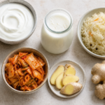 Overhead view of plain yogurt, kefir in a glass jar, sauerkraut, kimchi, and ginger on a light stone surface