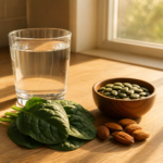 Glass of water beside fresh spinach leaves, a wooden bowl of pumpkin seeds, and raw almonds in warm morning sunlight on a wooden surface