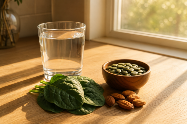 Glass of water beside fresh spinach leaves, a wooden bowl of pumpkin seeds, and raw almonds in warm morning sunlight on a wooden surface