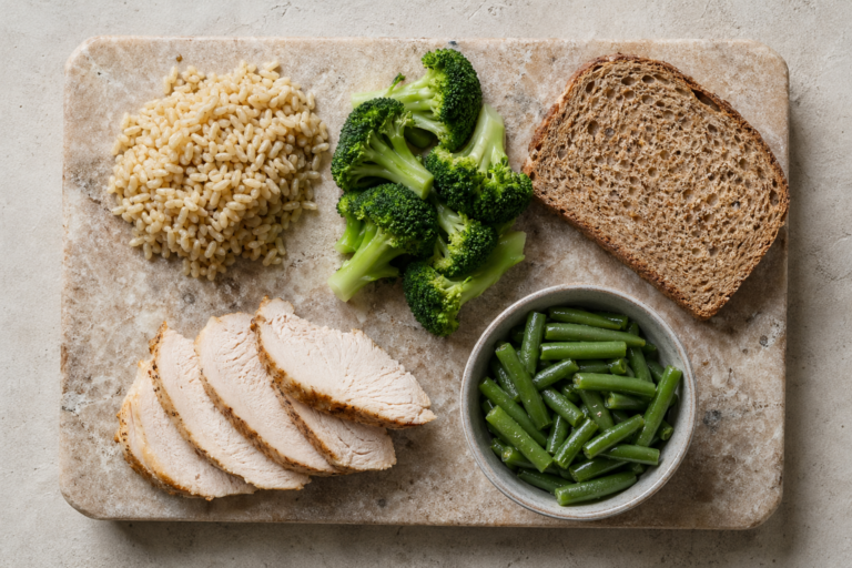 Stone cutting board with cooked brown rice, fresh broccoli florets, whole grain bread, sliced roasted turkey breast, and a bowl of green beans