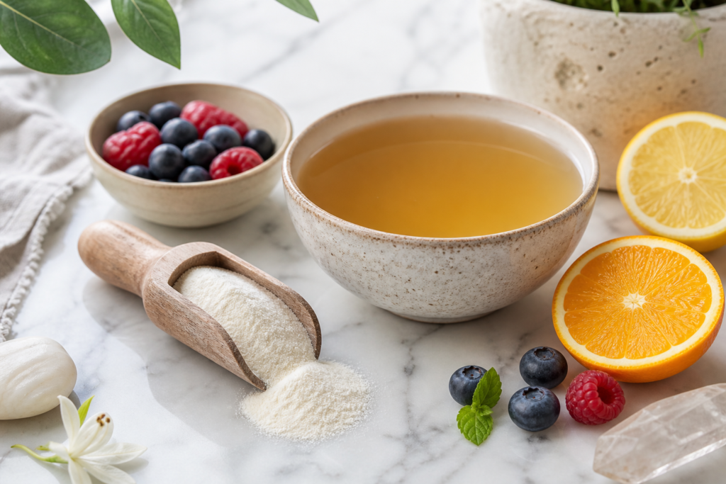 Collagen powder in a wooden scoop beside bone broth, citrus, and berries on marble