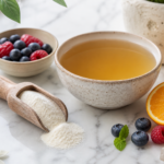 Collagen powder in a wooden scoop beside bone broth, citrus, and berries on marble
