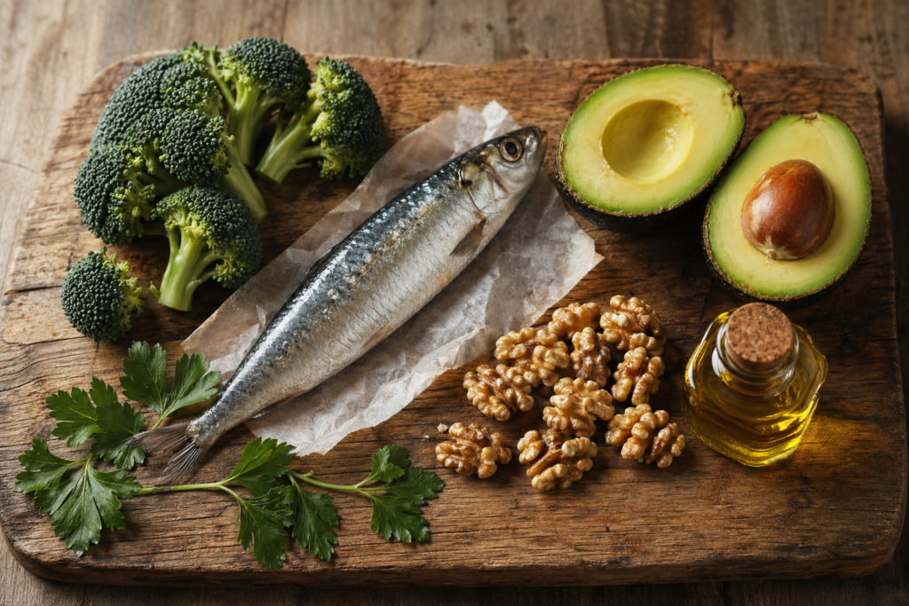 Wooden board with heart-healthy foods including fresh sardine, broccoli florets, halved avocado, walnuts, olive oil, and parsley