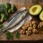 Wooden board with heart-healthy foods including fresh sardine, broccoli florets, halved avocado, walnuts, olive oil, and parsley