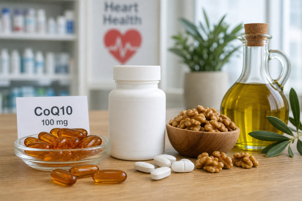 CoQ10 softgels beside an unlabeled statin bottle, walnuts, and olive oil on wood