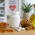 CoQ10 softgels beside an unlabeled statin bottle, walnuts, and olive oil on wood