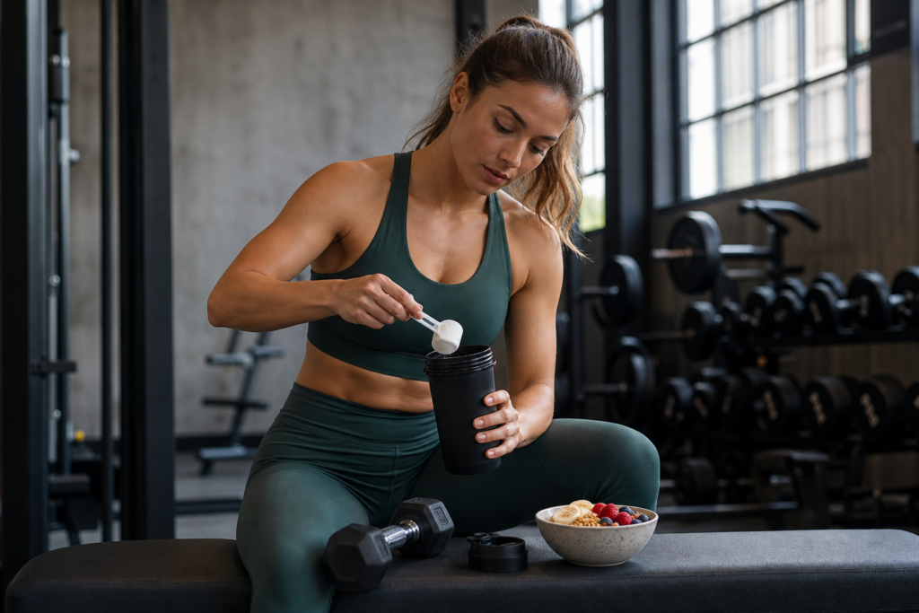 Woman preparing a creatine drink in a shaker bottle beside dumbbells and a healthy snack on a gym bench