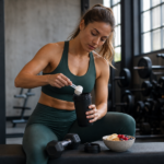 Woman preparing a creatine drink in a shaker bottle beside dumbbells and a healthy snack on a gym bench