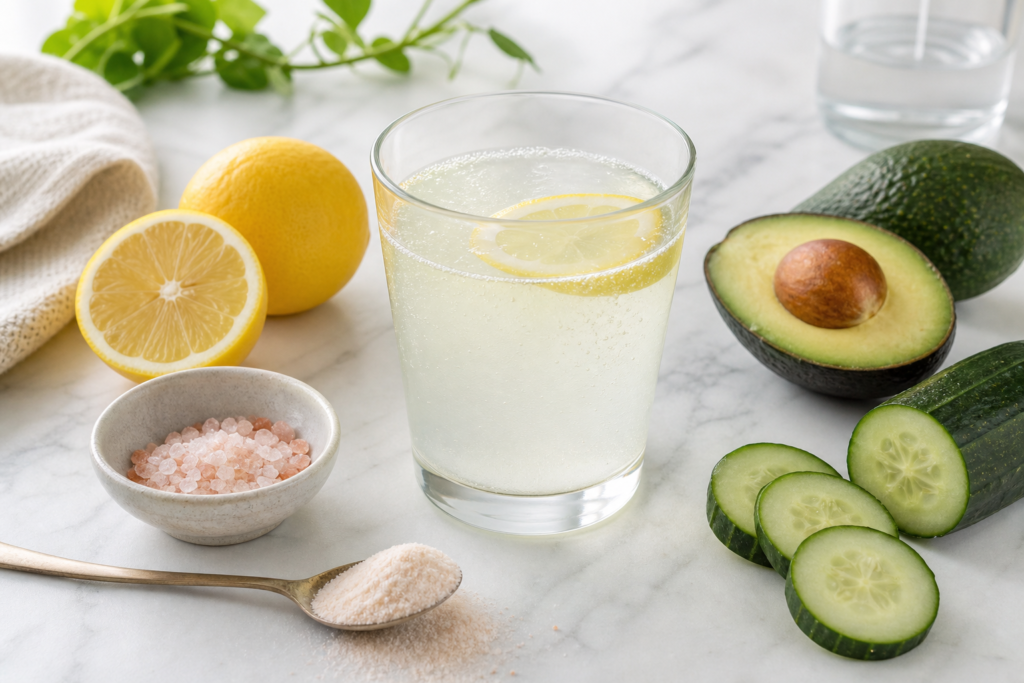 Electrolyte drink with water, lemon, pink salt, avocado and cucumber on marble