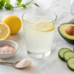 Electrolyte drink with water, lemon, pink salt, avocado and cucumber on marble