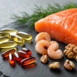 Fish oil and krill oil softgels beside fresh salmon, shrimp, and walnuts on a slate board