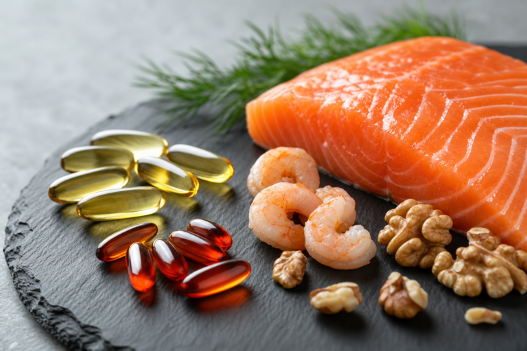 Fish oil and krill oil softgels beside fresh salmon, shrimp, and walnuts on a slate board