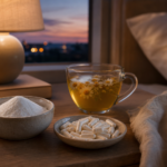 Glycine powder and magnesium glycinate capsules beside chamomile tea on a bedside table at dusk