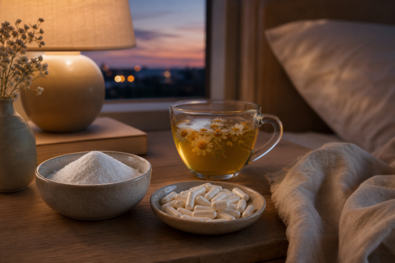 Glycine powder and magnesium glycinate capsules beside chamomile tea on a bedside table at dusk