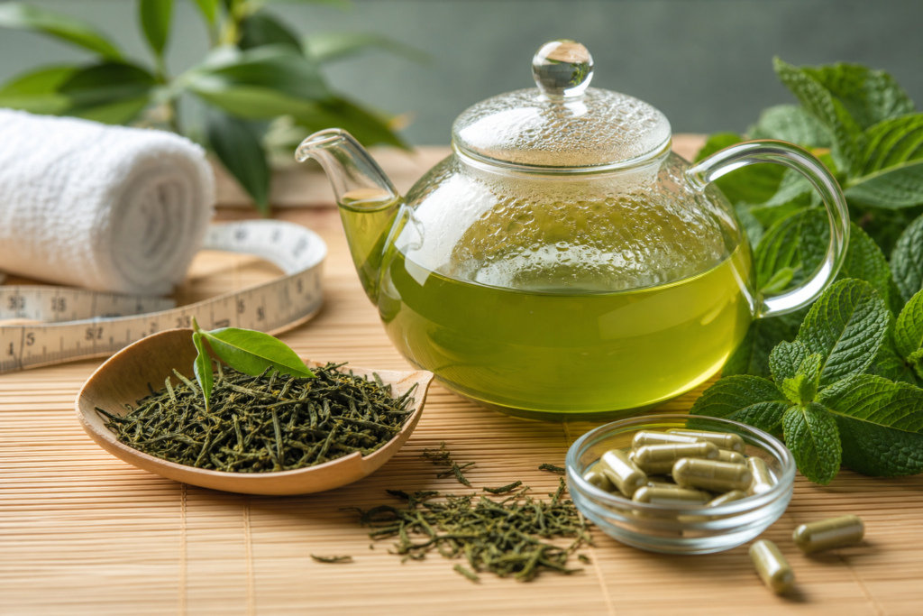 Matcha green tea in glass teapot with loose leaves, mint, and supplement capsules on bamboo mat