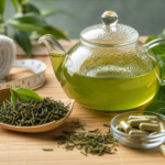 Matcha green tea in glass teapot with loose leaves, mint, and supplement capsules on bamboo mat