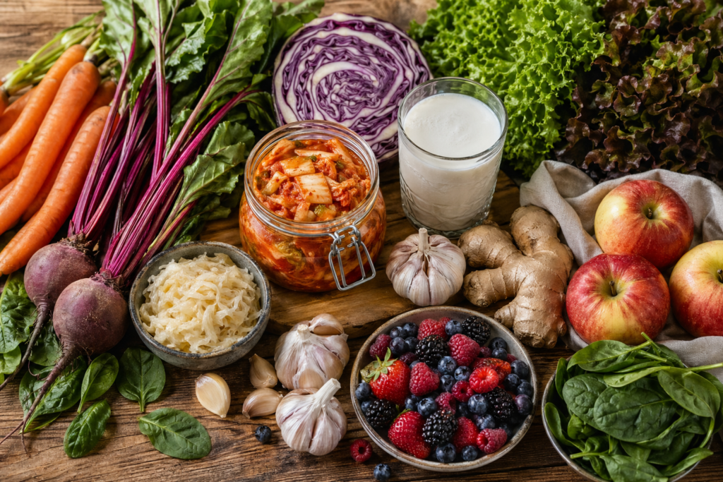 Abundant gut-healthy foods on a wooden table including carrots, beets, red cabbage, kimchi, sauerkraut, kefir, leafy greens, garlic, ginger, mixed berries, and apples
